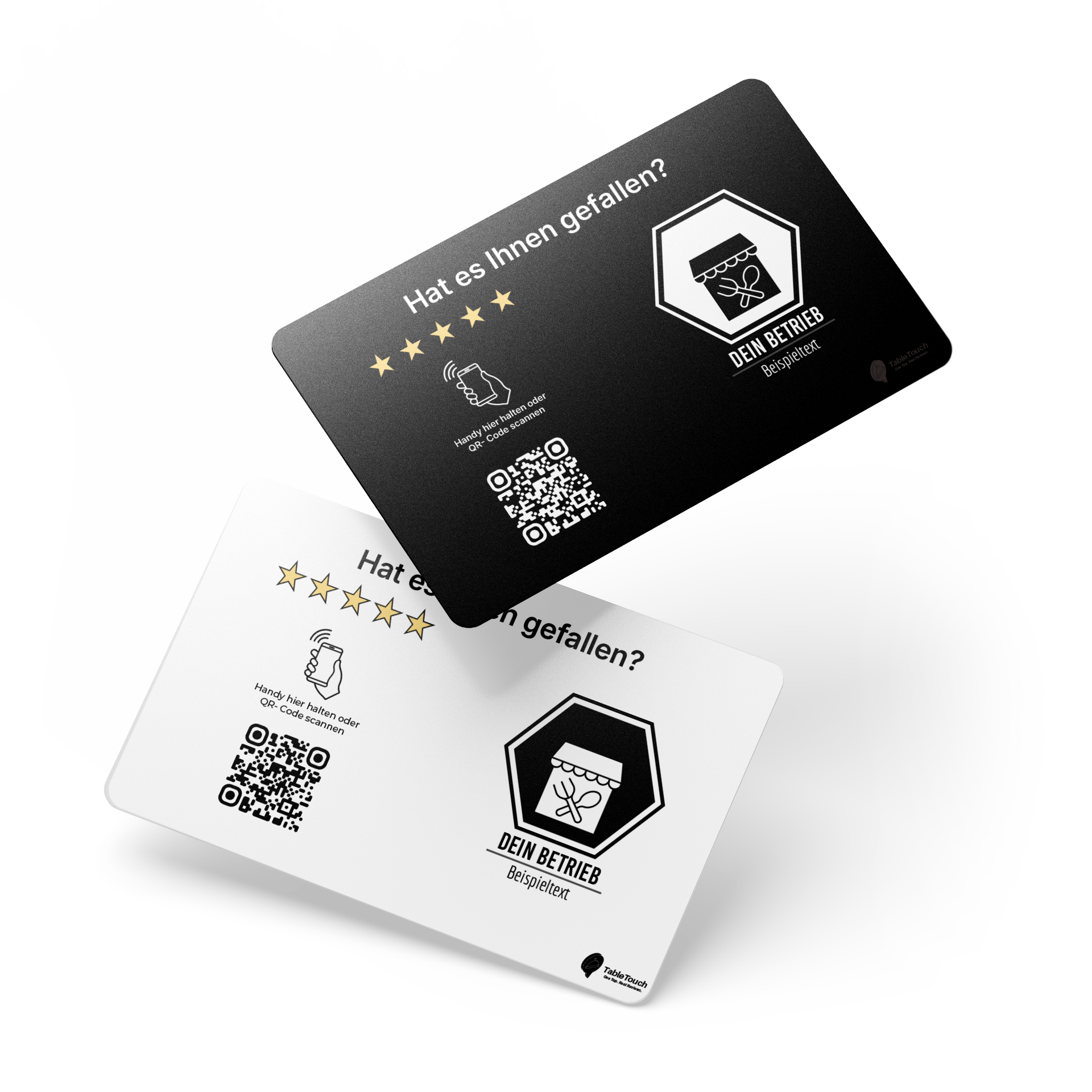 Zwei TableTouch NFC-Karten – schwarze und weiße Ausführung – perspektivisch dargestellt